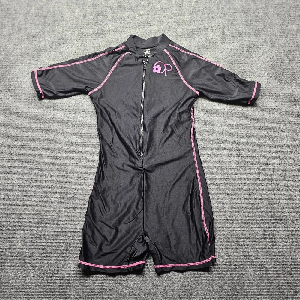 OP Ocean Pacific Girls Black Pink One Piece Swimsuit Rash Guard Size Small 6/6X